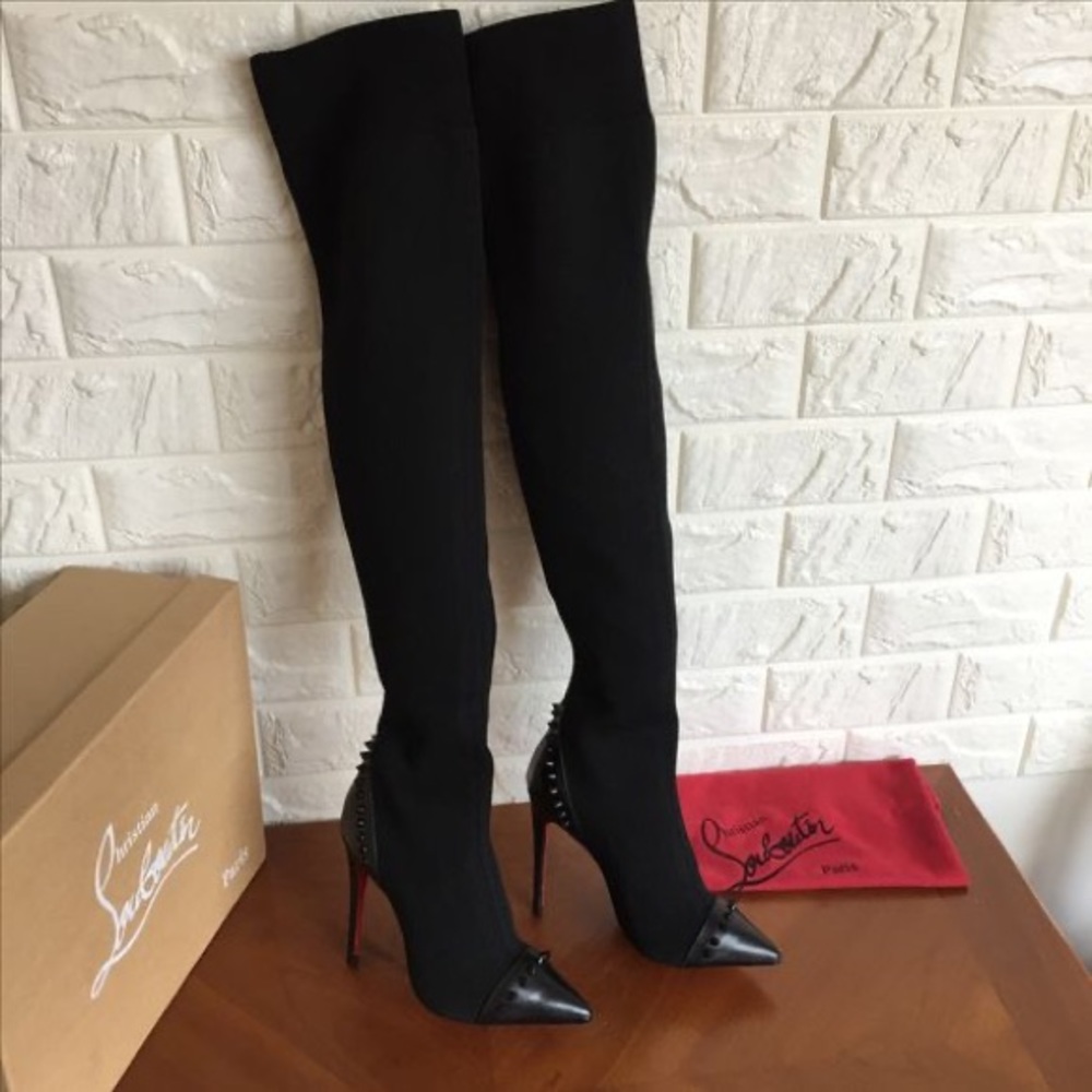 Louboutin Souricette 100 Sock Boots - Shiny Nappa leather with spikes.